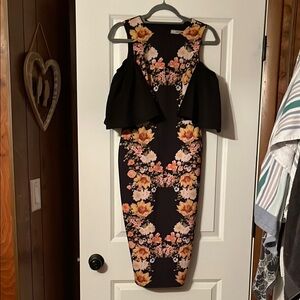 ASOS Black and Orange Ruffled Cut Out Midi Dress